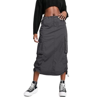 Women Y2k Cargo Long Skirt Low Waist Drawstring Maxi Skirt Ruched Vintage Slit Cargo Skirt with Pockets