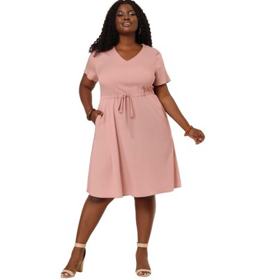 Agnes Orinda Women's Plus Size Tie Waist Short Sleeve Chambray Shirtdress  Pink 4X