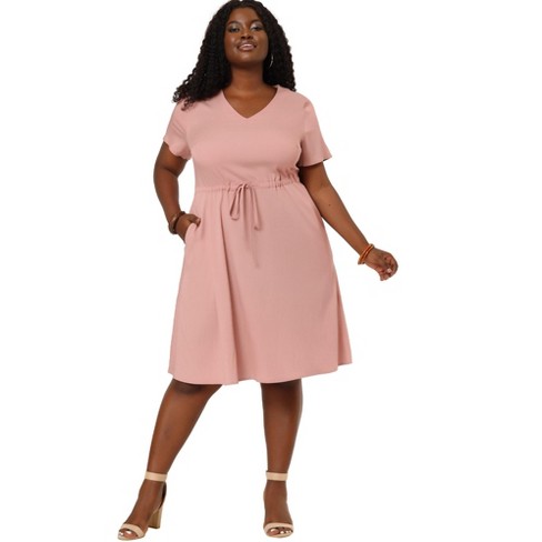 Agnes Orinda Women's Plus Size Tie Waist Short Sleeve Chambray Shirtdress  Pink 1X