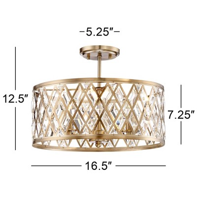 Satin Brass and Crystal Drum Semi-Flush Mount Ceiling Light