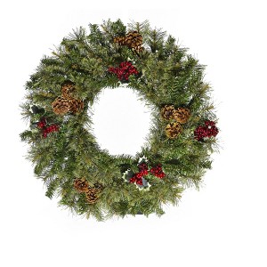 Perfect Holiday 24" Cheyenne Pine Wreath with Pine Cones & Holly Berry Clusters - 1 of 2