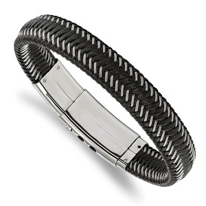 Black Bow Jewelry 13mm Stainless Steel Black Leather & Braided Wire Bracelet, 8-8.5 Inch - 1 of 2