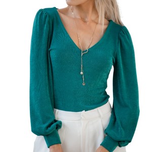 Amaryllis Women's V-Neck Puff Long Sleeve Knit Top with Fitted Cuffs Elegant Design Soft Fabric for Versatile Day-to-Night - 1 of 4
