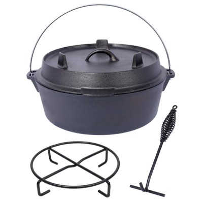 VisioGear Outdoor Dutch Ovens, 8 Quart Grill Cookware With Skillet Lid and Pot Rack for Camping Fireplace Cooking, Black, 13"*13"*7.5"
