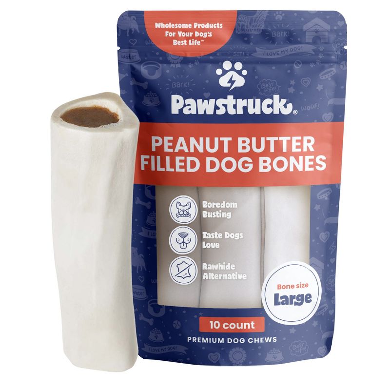 Pawstruck Large 5-6" Filled Dog Bones - Peanut Butter, Cheese & Bacon, or Beef Flavor - Made in USA Long Lasting Stuffed Femur Treat for Aggressive Chewers, 1 of 11