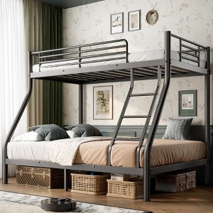 Decksplore Heavy Duty Twin Full Bunk Bed Space-Saving Metal Frame with Guardrail No Box Spring Black - 1 of 4