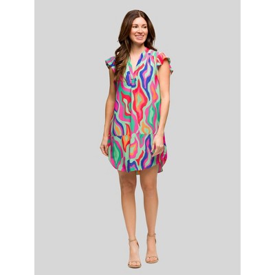 24seven Comfort Apparel Womens Multicolor Print V Neck Cap Sleeve Knee Length Pocket Dress