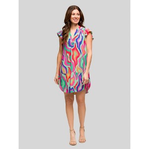 24seven Comfort Apparel Womens Multicolor Print V Neck Cap Sleeve Knee Length Pocket Dress - 1 of 4