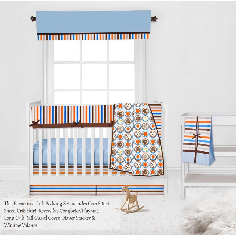 Bacati - Mod Sports Blue Orange Chocolate 6 pc Crib Bedding Set with Long Rail Guard Cover, 4 of 12