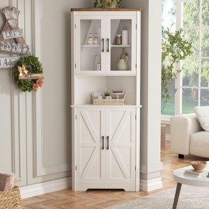 Tall Corner Storage Cabinet with Tempered Glass Doors, Barn Doors, and Adjustable Shelves - 1 of 4
