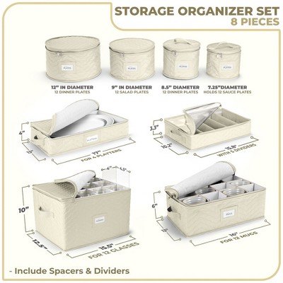 Beige Quilted Fabric 8-Piece China Dinnerware Storage Set