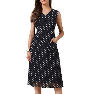 INSPIRE CHIC Women's Polka Dot Sleeveless V Neck Tie Waist Chiffon Front Pockets A-Line Midi Dresses - 1 of 4