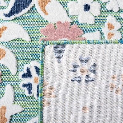 Floral Green & Navy Round Synthetic 8' x 10' Area Rug