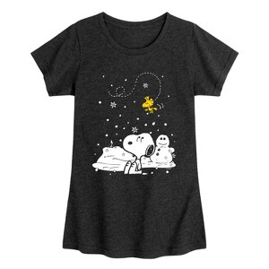 Girls' - Peanuts - Woodstock Snoopy Snow Scene Fitted Short Sleeve ...