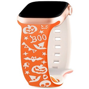 HTUTWOO Halloween Two-Tone Engraved iWatch Bands, Holiday Pumpkin Bands 42/44/45/49mm for iWatch Series 11 10 9 8 7 6 5 4 Ultra SE (Orange+White) - 1 of 4