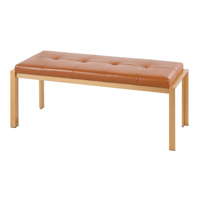 46" Camel Faux Leather Bench with Gold Metal Frame