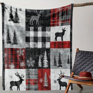 Lomsoe Flannel Christmas Blanket, Soft Warm Throw, Plaid Elk & Cedar Snowflake Design, for Sofa Bed Car Office Camping. - 1 of 4