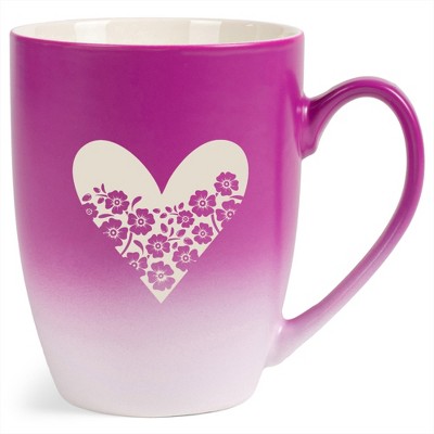 Elanze Designs Heart and Flowers 12 Ounce Ceramic Laser-Etched Engraved Drinkware Mug, Fuchsia and White Ombre