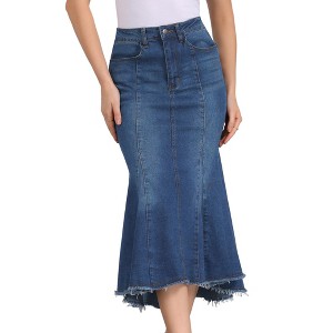 INSPIRE CHIC Women's Washed Denim High Waist Fishtail Pockets Casual Midi Skirt - 1 of 4