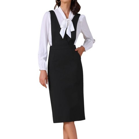 Женские платья INSPIRE CHIC Women's Pinafore Stretchy Sleeveless V Neck A-Line Jumper Dresses with Pockets X-Small Black