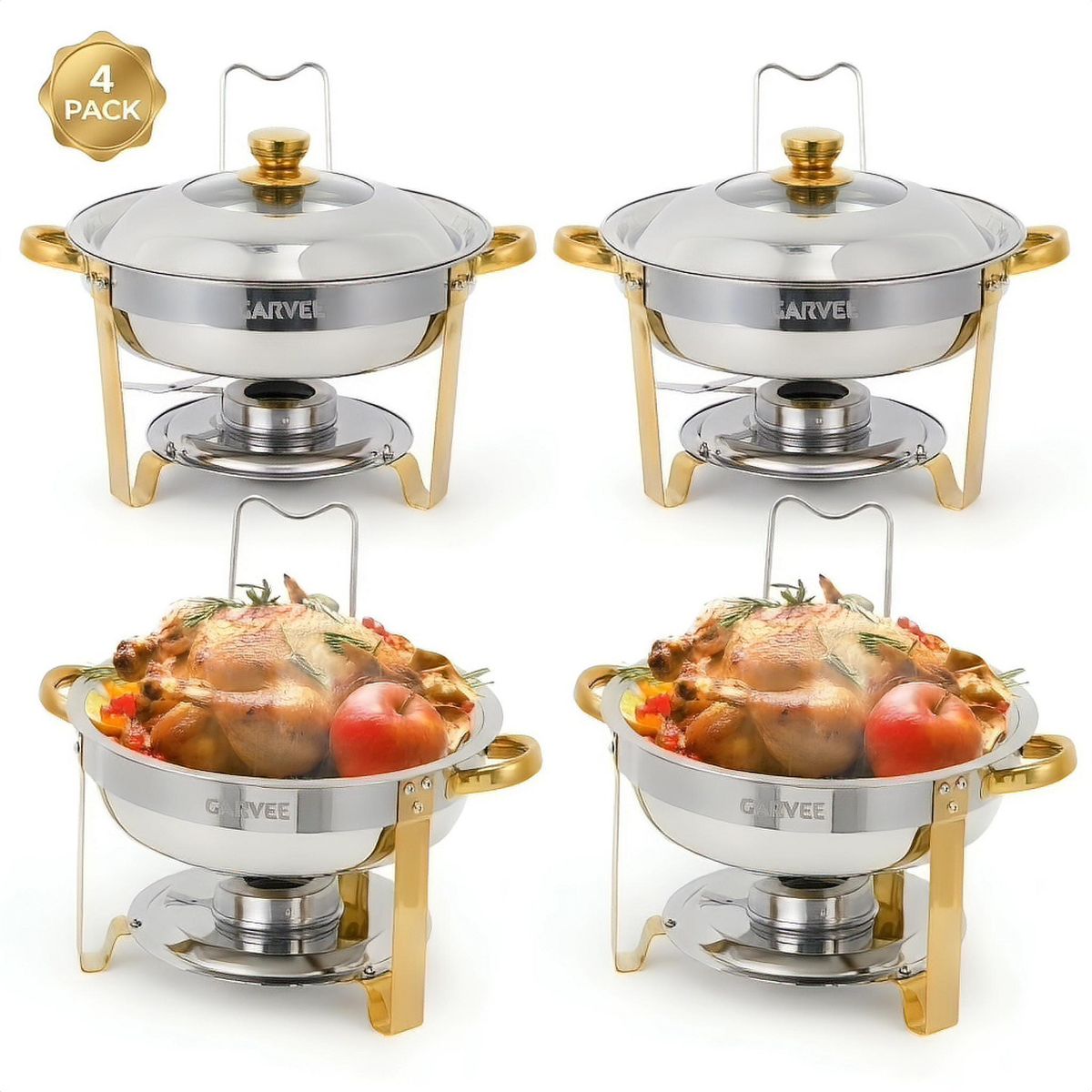 Garvee 2 Pack Round Chafing Dishes for Buffet, Stainless Steel Chafer Set, Clear Lid, Stand & Lid Hook, Half Gold Plated, Food Warmers for Catering - thumbnail 7