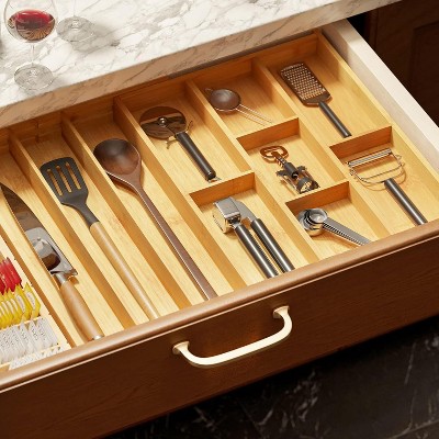 SpaceAid Bamboo Utensil Drawer Organizer with Labels – Expandable Kitchen Tray for Flatware, Cutlery, Spoons, and Knives – Drawer Storage Solution (Natural)