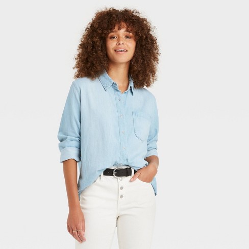 Women's Long Sleeve Denim Button-Down Shirt - Universal Thread™ Blue - image 1 of 3