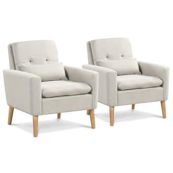Tangkula 2PCS Mid-century Accent Chair Linen Fabric Reading Armchair w/ Lumbar Pillow