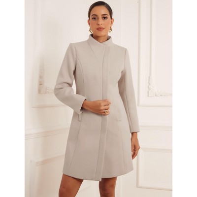 Allegra K Women's Stand Collar Long Sleeve Button Down Winter Pea Coat Medium Beige — фото 4