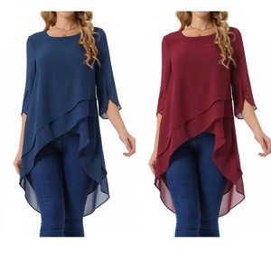 INSPIRE CHIC Women's High Low Hem Scoop Neck Asymmetrical 3/4 Sleeve Summer Top 2 Packs - 1 of 4