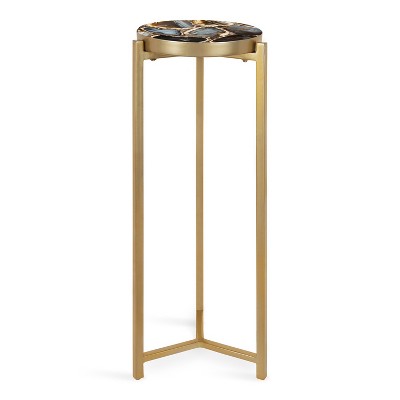 Elegant Gold Metal and Black Agate Drink Table, 11.5" x 25.5"