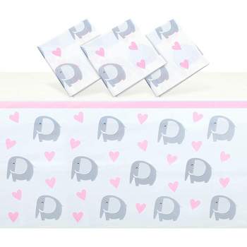 Blue Panda 3 Pack Elephant Disposable Tablecloths for Baby Shower Decor, Pink Hearts 54 x 108 in
