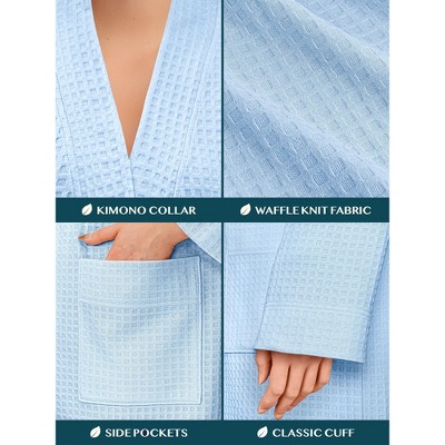 Light Blue Waffle Knit Long Bathrobe with Pockets