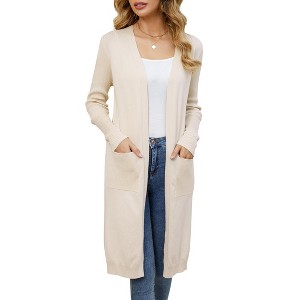 Women's Long Open Front Cardigan with Pockets - Lightweight Knit Duster with Side Slits - 1 of 4
