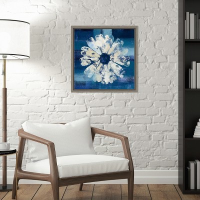16 x 16 Blue and White Abstract Floral Canvas Print with Gray Frame