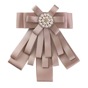 Allegra K Women's Pre-tied Pin Brooch Ribbon Beads Party Bowknot Bow Tie - 1 of 4