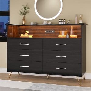 Dresser for Bedroom with Charging Station & LED Light, Modern 6 Drawer Double Dresser with Wide Wood Drawers - 1 of 4