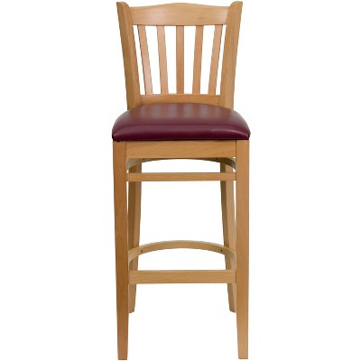 Natural Wood Barstool with Burgundy Vinyl Seat