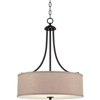 Franklin Iron Works Oil Rubbed Bronze Pendant Chandelier 19 1/2" Wide Farmhouse Rustic Oatmeal Linen Drum Shade Fixture for Dining Room Kitchen Island