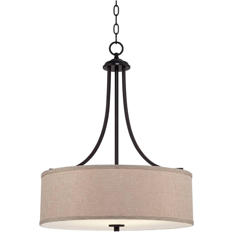 Franklin Iron Works Oil Rubbed Bronze Pendant Chandelier 19 1/2" Wide Farmhouse Rustic Oatmeal Linen Drum Shade Fixture for Dining Room Kitchen Island, 1 of 9