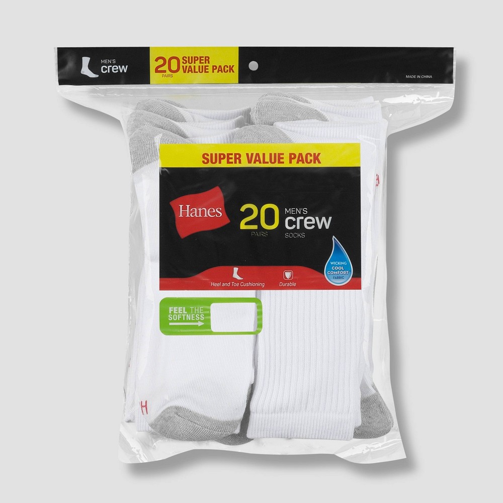 Hanes Men's Lightweight Comfort Super Value Crew Socks - 20Pk, White/Gray