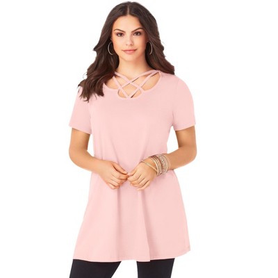 Roaman's Women's Plus Size Lattice Neck Short Sleeve Ultimate Tunic