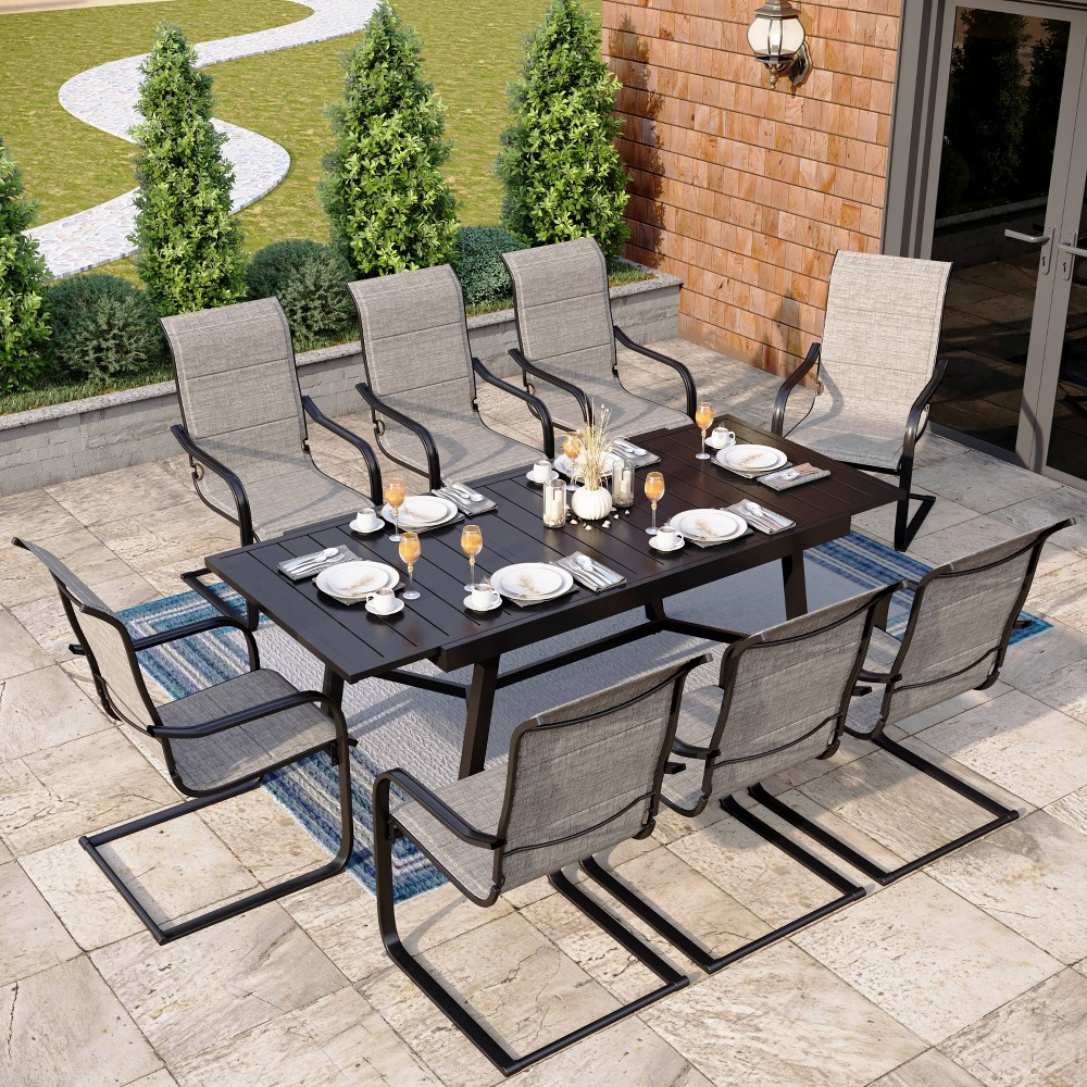 Photos - Garden Furniture 9pc Patio Set with Steel Expandable Table & Padded Sling C-Spring Arm Chai
