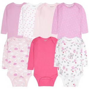 Everyday Kids 7-Pack Pink Long Sleeve Baby Bodysuits – 100% Soft Cotton with Cute Hearts, Clouds, Animals and Solid Colors - 1 of 4
