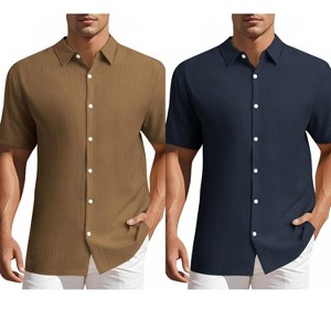 INSPIRE CHIC Men's Summer Point Collar Short Sleeves Button Down Linen Shirts 2 Packs - 1 of 4