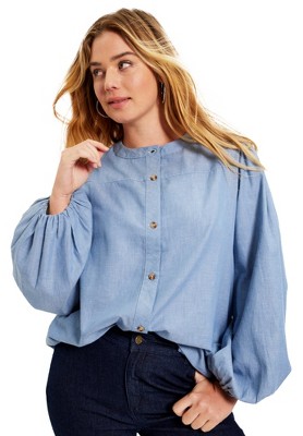 June + Vie By Roaman's Women's Plus Size Puff Sleeve Chambray Jacket ...
