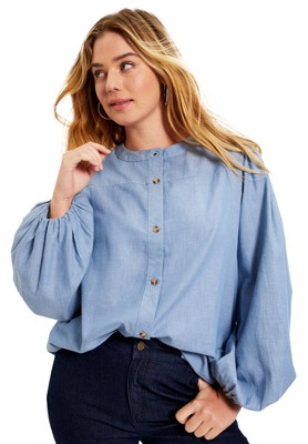June + Vie by Roaman's Women's Plus Size Puff Sleeve Chambray Jacket