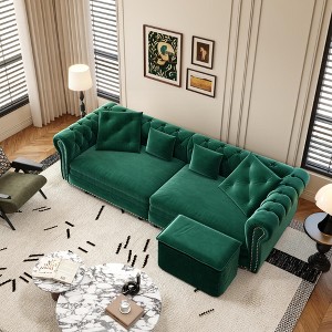 89'' Velvet 3-in-1 Pull-Out L-Shaped Sectional Sofa Bed with Tufted Design and Movable Ottoman, Convertible King Size Sleeper with 4 Pillows - 1 of 4