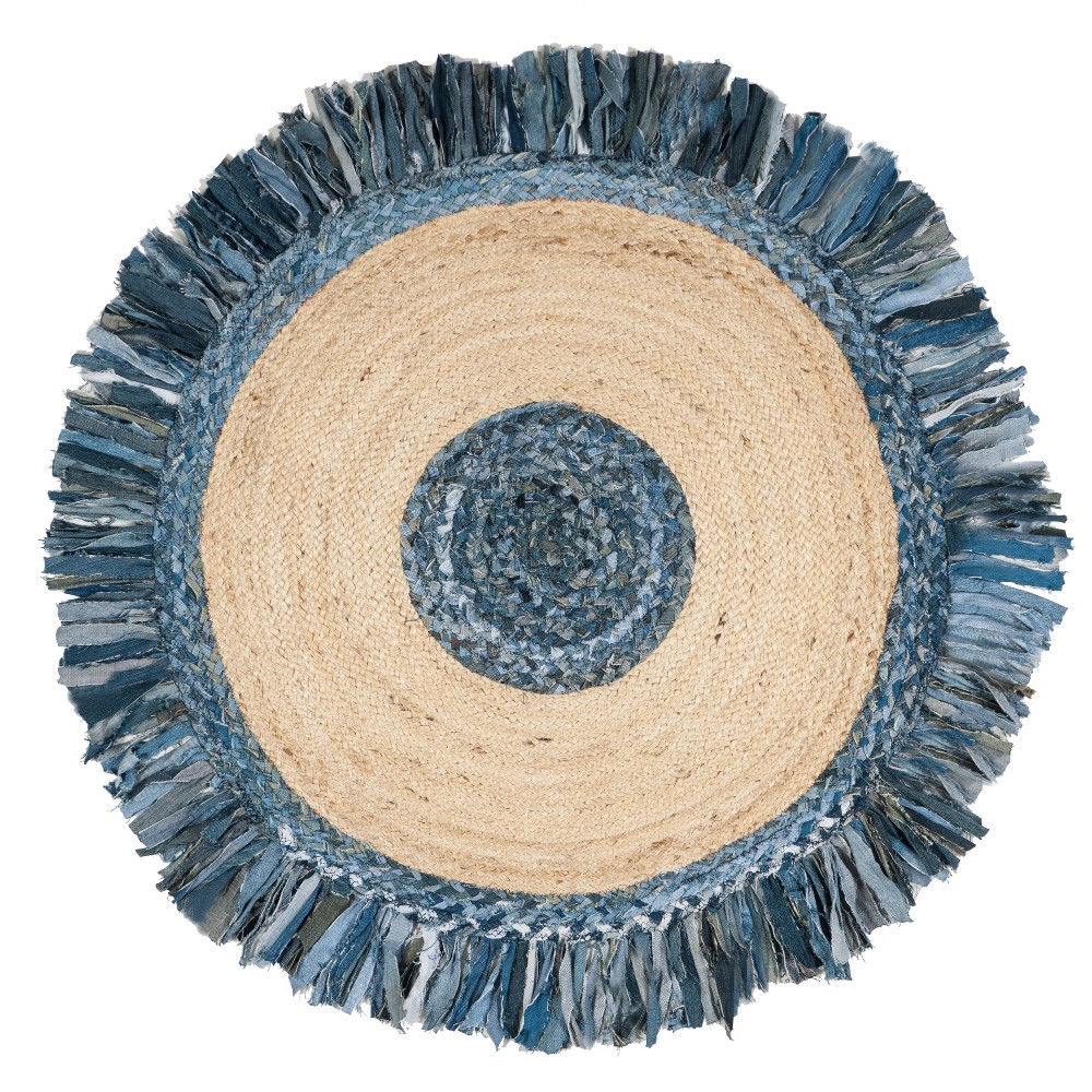 Round Solid Woven Accent Rug Ivory/Denim