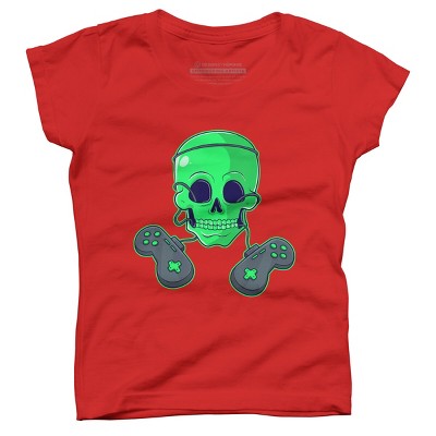 Girl's Design By Humans Halloween Skeleton Skull Crossbones Video Gamer By TaiHan T-Shirt